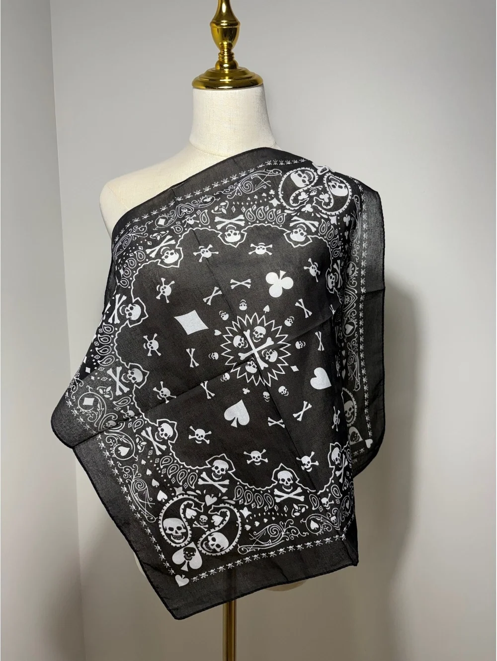 Black and White Skull and Crossbones Cotton Bandana with Card Suit Symbols